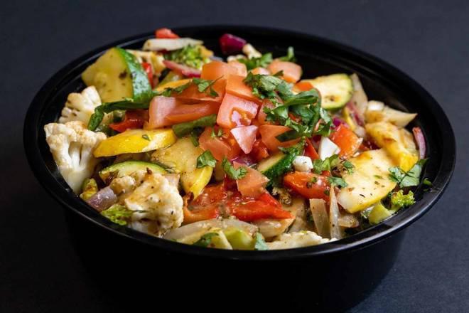 Saute mix vegetable over rice · Sauteed seasonal vegetables lightly seasoned. Finished with cilantro lime sauce over seasoned rice.