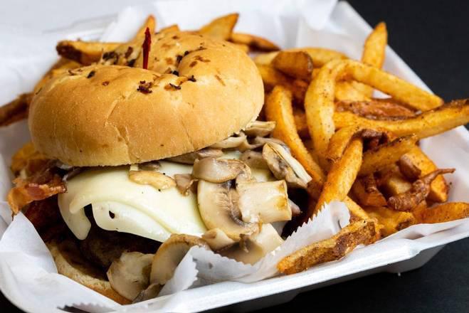 Bacon mushroom burger · 1/2 pound of seasoned ground beef. Topped with thick bacon, swiss cheese, grilled mushrooms and onions on a toasted brioche bun. Served with seasoned fresh cut fries.