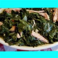 Collard Greens with Smoked Turkey · Our collard greens are a top seller side.  Simmered with smoked turkey,  RIDICULOUS spices a...