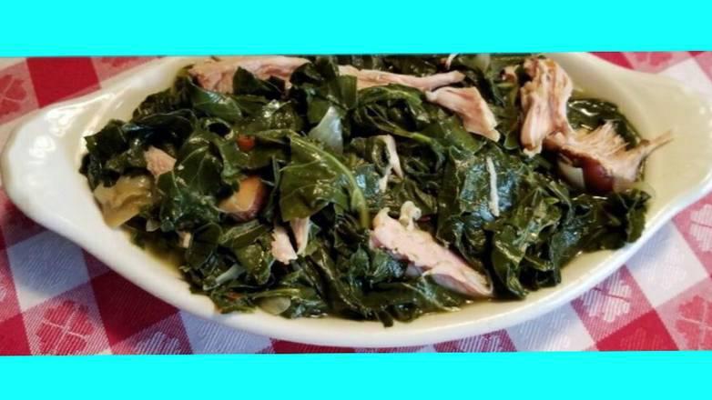 Collard Greens with Smoked Turkey · Our collard greens are a top seller side.  Simmered with smoked turkey,  RIDICULOUS spices and onions. Our customers LOVE our collard greens.
****  CAUTION may contain turkey bones.