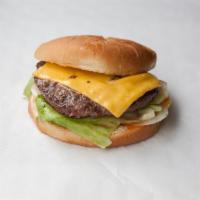 Cheeseburger · 1/3 lb. beef patty grilled with mustard, ketchup, onion, lettuce, tomato and pickle on a del...