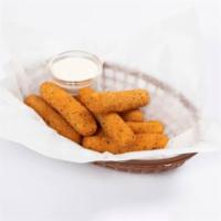 Mozzarella Cheese Sticks · Mozzarella cheese that has been coated and fried.