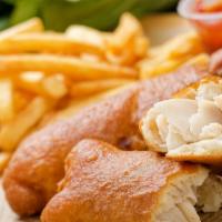 Grandma's Fish & Chips · 2 bread cod tenders cooked to a crisp served with thing French fries & tartar sauce