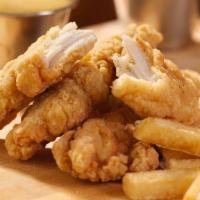 Crispy Chicken Tenders & fries · Crispy Chicken Breast tenders served with homemade bbq sauce & cajun fries!