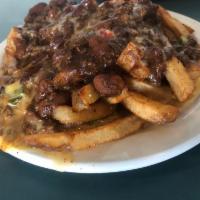 App Chili Cheese Fries · Crispy fries, topped with our homemade chili, queso, cheddar and pico de gallo.