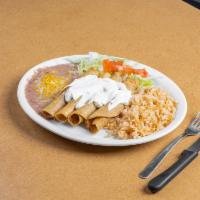 Flautas Plate · 4 flautas served with beans and rice. Chicken or ground beef.