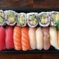 Sushi Regular · 8 pieces sushi with 1 California roll. Served with soup and salad.