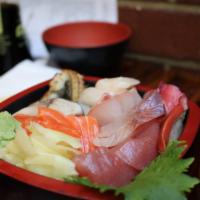 Chirashi Entree · A variety of raw fish over seasoned rice. Served with soup and salad.