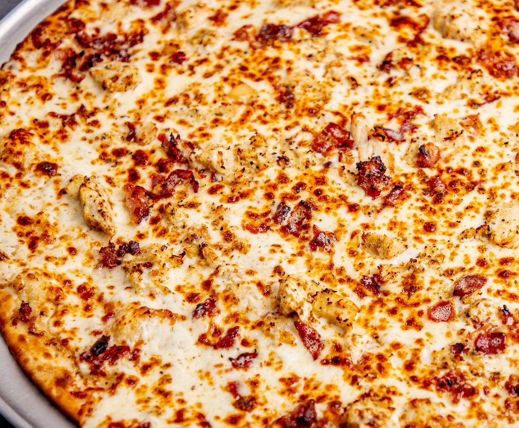 Chicken Bacon Ranch. · Savor that Flavor! Our Chicken Bacon Ranch Pizza is topped with 100%  Whole Milk Mozzarella Cheese, Ken's Homestyle Ranch Dressing, Hardwood Smoked Bacon, and Marinated Chicken.