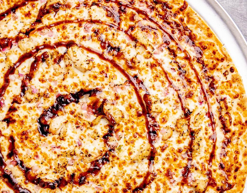 BBQ Chicken Pizza. · On a Mission for Chicken? Our BBQ Chicken Pizza is topped with 100% Whole Milk Mozzarella Cheese, Fresh Onions, Marinated Chicken, and Smokey BBQ Sauce.
