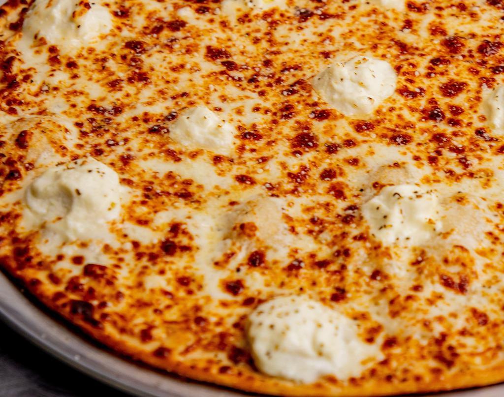 White Pizza. · It's Time to Get Cheesy! Our White Pizza is topped with 100% Whole Mozzarella Cheese, Freshly Grated Parmesan Cheese, and Whipped Ricotta.