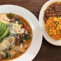 Alambre a la Mexicana · Mix Meats & cheese served with rice and beans, and tortillas or bread.