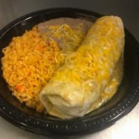 #21 Chile Verde Burrito (Pork) Combination · Pork in a Green Sauce (Chile Verde) Burrito with cheese on top, rice and beans on the side.