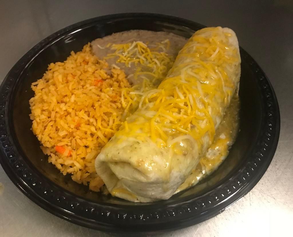 #21 Chile Verde Burrito (Pork) Combination · Pork in a Green Sauce (Chile Verde) Burrito with cheese on top, rice and beans on the side.