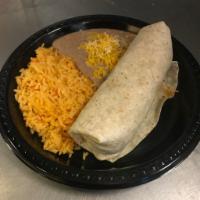 Special #5. Chicken Burrito · 5. Shredded Chicken Burrito with cooked onion and tomato, rice and beans with cheese.