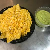 Chips with Guacamole · Guacamole (6oz) comes on the side and cheese on top.