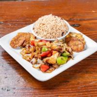Lambi Creole Entree · Stewed conch. Served with choice of rice and peas or white rice, salad, fried plantains, and...