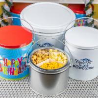 Steel Popcorn Tin · 1/2-gallon tin – includes 16 cups of popcorn.  Choose 1, 2 or 3 flavors per tin!