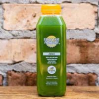Ginger Green Glory · Apple, kale, lemon, spinach, cucumber, celery, ginger, and probiotic boost.