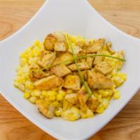 Kernel Corn with Pollo · Chopped chicken breast. Served with mozzarella cheese, special sauce, smashed potato chips a...