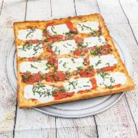 Grandma Pizza · Square pie with mozzarella cheese topped with homemade roasted garlic and onions tomato sauc...