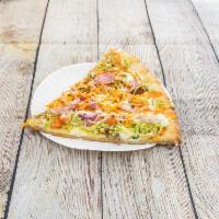 Taco Pizza · Mozzarella and cheddar cheese, steak topped with lettuce, tomato and spicy ranch sauce.