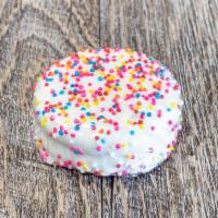 Dipped Oreos -Birthday Cake · Oreo Cookie with Birthday Cake flavored creme dipped in white confection and topped with non...