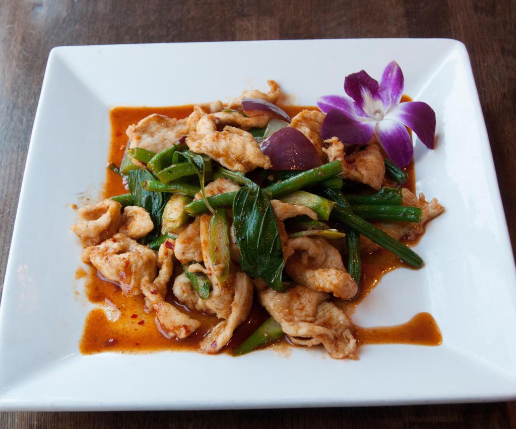 Thai Basil · Sauteed with onions, string beans, green peppers and asparagus in a sweet Thai basil sauce. Hot and spicy.