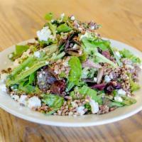Pop's House Salad · Baby field greens with candied pecans, crumbled goat cheese and house balsamic vinaigrette.