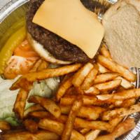 Cheeseburger Deluxe · Comes with American OR MOZZARELLA cheese, pickle, tomato and lettuce with a side of french f...