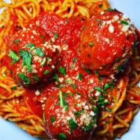 Spaghetti and Meatballs · Served with 2 meatballs made with beef and spices.