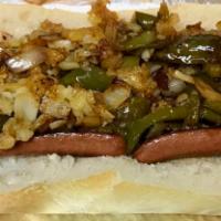 Italian Hot Dog · Two dogs on a long roll with potato, peppers and onions. 