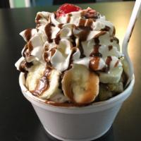 Banana Baby Sundae · One large scoop of ice cream, banana, chocolate syrup and chocolate jimmies, topped with whi...