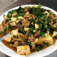Mapo Tofu  · Soft tofu cooked with minced pork. A favorite dish of the szechuan region. Spicy.