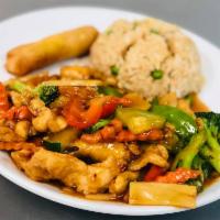 Hunan Chicken  · Fresh vegetables and white meat chicken stir fried in a spicy hunan sauce. Spicy.