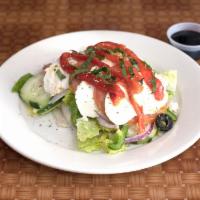 Caprese Salad · Lettuce, sliced French mozzarella, beef steak tomato, red onion, roasted red peppers and fre...