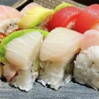 S72. Yummy Raibow Specialty Roll · 8 pieces. Real crab, cucumber, 4 types of fished, avocado.