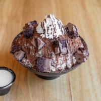 Chocolate Bingsoo · Chocolate mouse cake pieces, whipped cream, cocoa powder, chocolate syrup, and condensed mil...