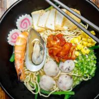House Special Seafood Ramen or Rice Noodle · Seafood broth wiyh fish tofu, shrimp, green mussels, Fish ball , corn, green onion,Kimchi an...