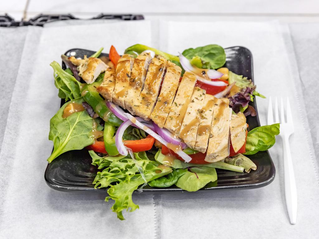 Grilled Chicken Salad  · Mixed greens, chicken peas, red onions, green and red peppers, vinegar, olive oil, black pepper.