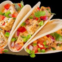 Grill Tacos · 3 tacos, your choice of meat on soft tortillas, shredded cheddar cheese, chopped onions and ...