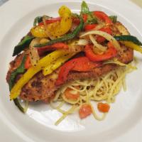 Carmelo's 5 Pepper Chicken · Lightly breaded chicken topped with red, green and yellow bell peppers, as well as poblano a...