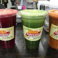 105. Pure Energy Juice · Carrots, spinach, beets, celery and cucumber.