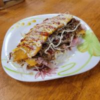 Patacon Venezuela food  · Fried green plantain with 3 sauce ham cheese meat cabbage or you prefer chicken or carnitas ...
