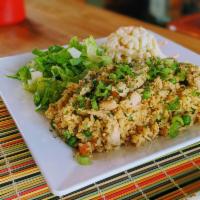 Fried Rice - Chicken (Arroz Frito - Frango) · Chicken cooked with house seasoning, steamed rice stir-fried with egg, carrot and peas. Serv...