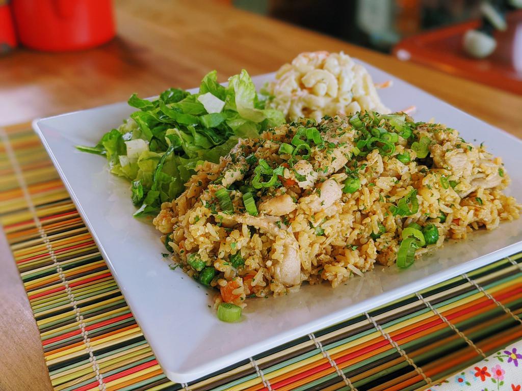 Fried Rice - Chicken (Arroz Frito - Frango) · Chicken cooked with house seasoning, steamed rice stir-fried with egg, carrot and peas. Served with a scoop of our famous mac salad and romaine salad.
