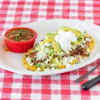 C8. Super Huarache Combo · Frijoles charros, queso fresco and your choice of meat.