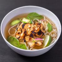 97. Pho Ga · Traditional rice noodle beef soup with grilled marinated chicken.