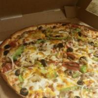The Works Pizza · Pepperoni, Canadian bacon, sausage, beef, mushrooms, onions, black olives, green peppers, mo...