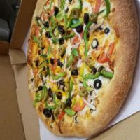 Veggie Lovers Pizza · Onions, green peppers, mushrooms, black and green olives, tomatoes, cheddar and mozzarella c...